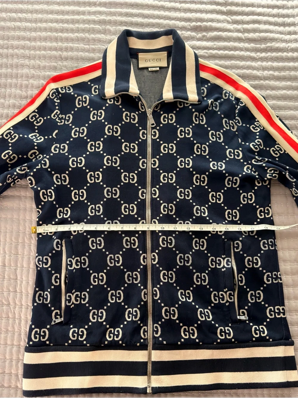 Gucci Navy and Cream GG Logo Track Jacket with Red Shoulder Stripe - Picture 6 of 9
